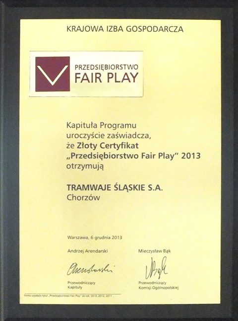 Tramwaje Śląskie ze Złotym Certyfikatem „Przedsiębiorstwo Fair Play”