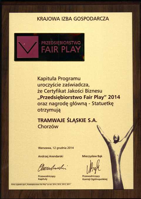 Fair Play 2014 Certyfikat Www Zdjęcie: Statuetka &Quot;Przedsiębiorstwo Fair Play 2014&Quot; Dla Tramwajów Śląskich S.a. - Tramwaje Śląskie S.a.