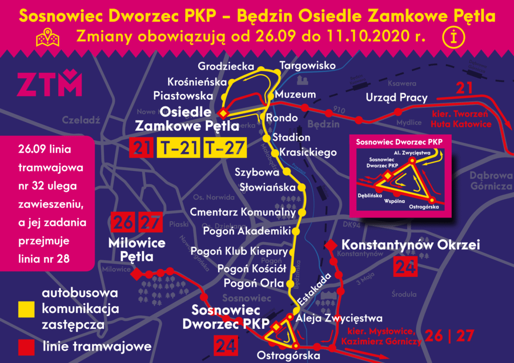 Będzin Sosnowiec Przerwa W Ruchu Grafika Ztm Zdjęcie: Przerwa W Ruchu Tramwajów Do Katowickiego Brynowa I Między Będzinem A Sosnowcem - Tramwaje Śląskie S.a.