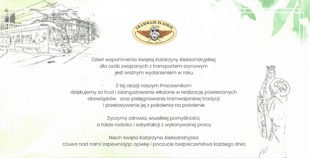 Zyczenia Katarzynkowe 2023 Zdjęcie: Obchody Katarzynki - Tramwaje Śląskie S.a.